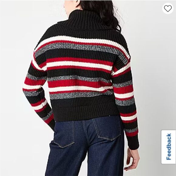 NWT BY&BY Women’s Sweater XXL Black Red Gray Stripe Cowl Neck Drop Shoulder - Picture 2 of 16